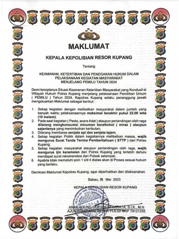 Jamin Keamanan Pemilu 2024, Kapolres Kupang Terbitkan Maklumat